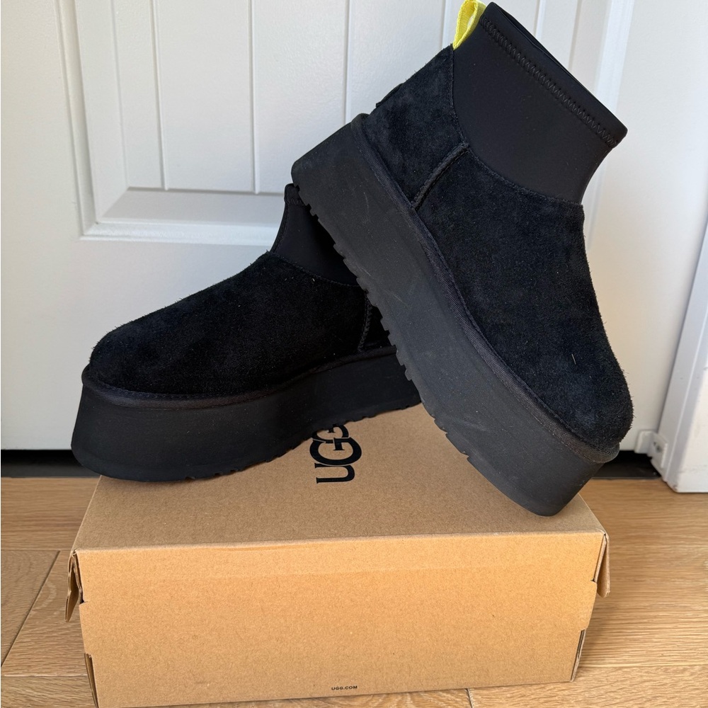 UGG Black Suede Platform Ankle Boot with Yellow Pull Tab